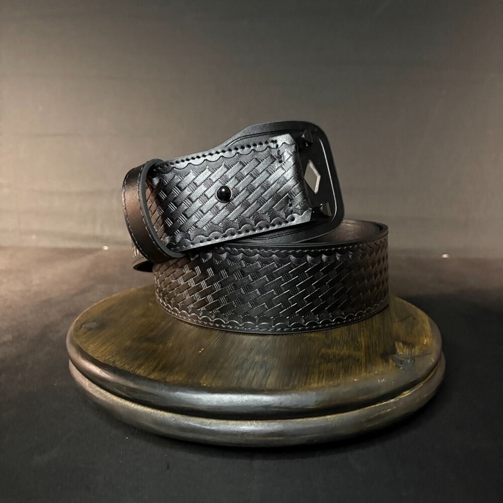 Galls G-Flex Duty Belt Size 42" Sam Browne Leather Black Basketweave 1348 Brass
